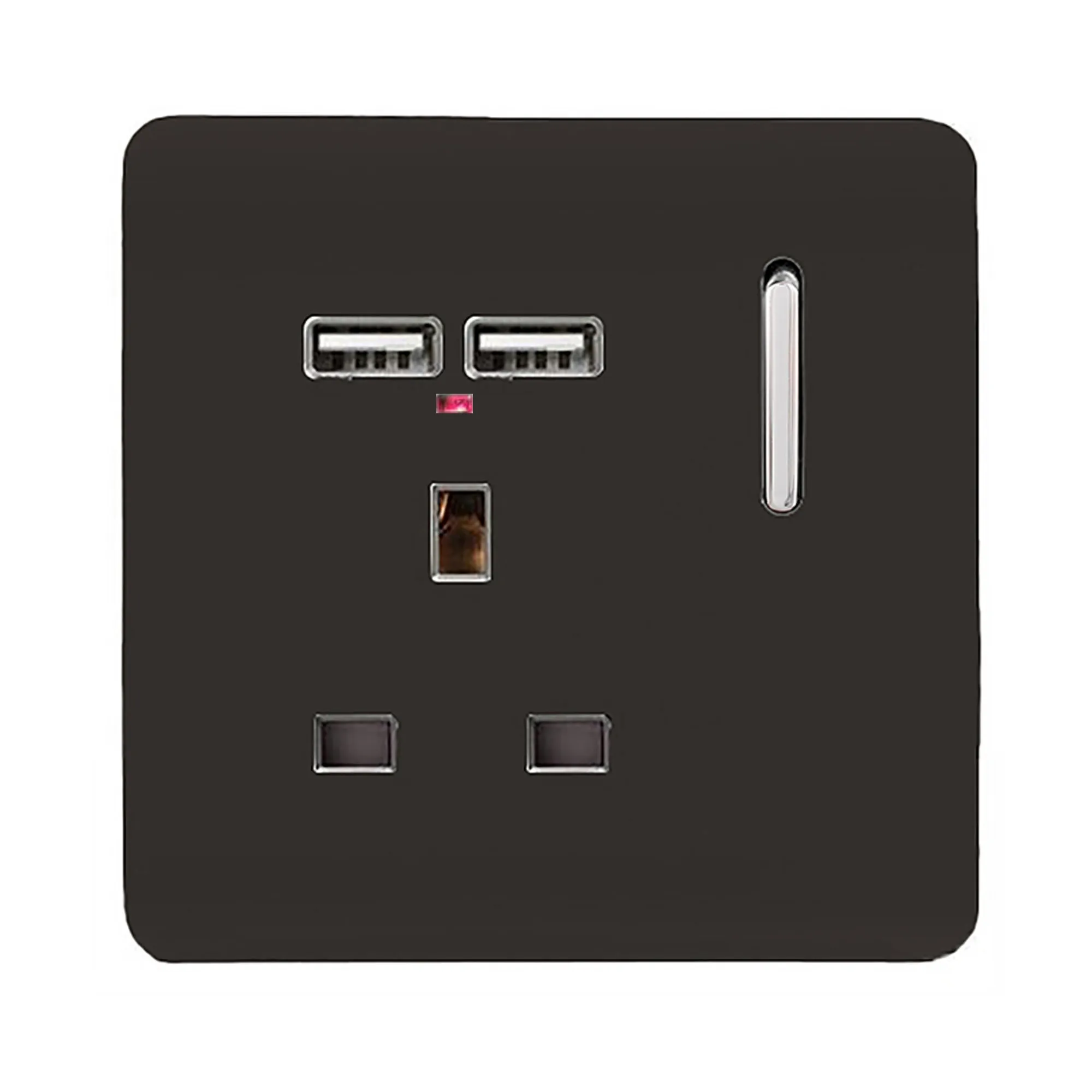 1 Gang Switched Single Socket 13A With 2 x USB-A 10W (Shared) With Neon Insert Dark Brown ART-SKT13USBDB  Trendi Dark Brown
